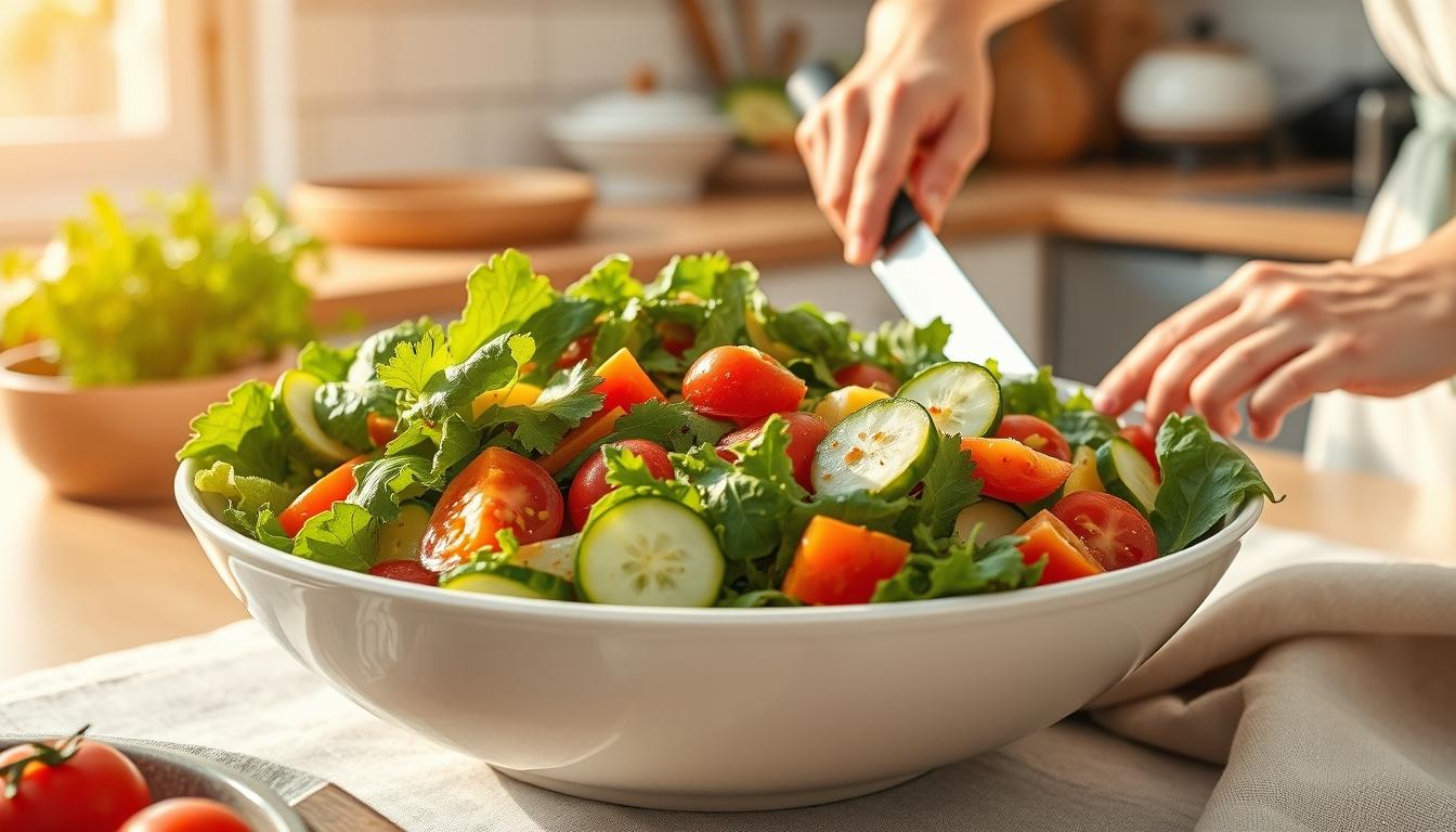 Balanced healthy meal prepared in a home kitchen